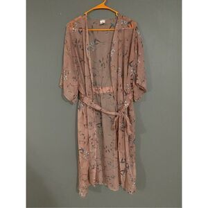 Flower And Bird Pink Duster With Tie Waist Size Small/Medium